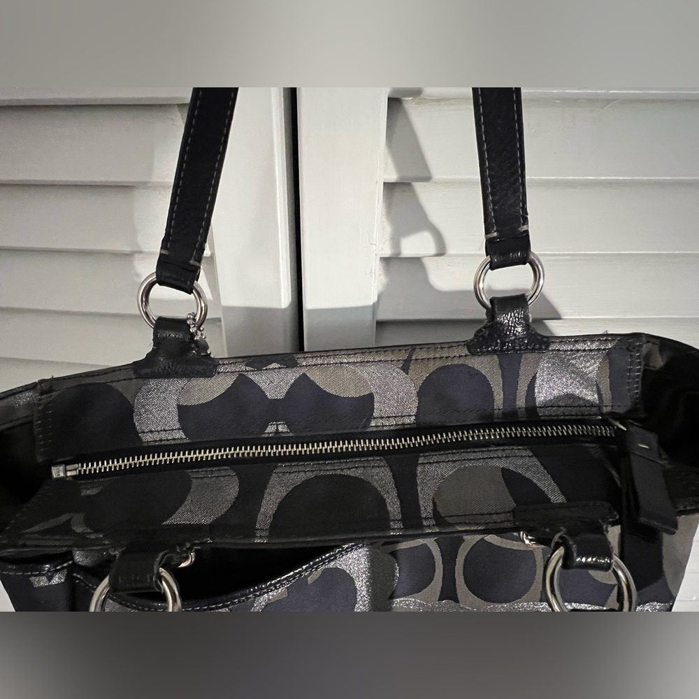 Coach Navy Blue & Silver Signature Jacquard Tote. Navy Blue Leather& Handles - Picture 10 of 13